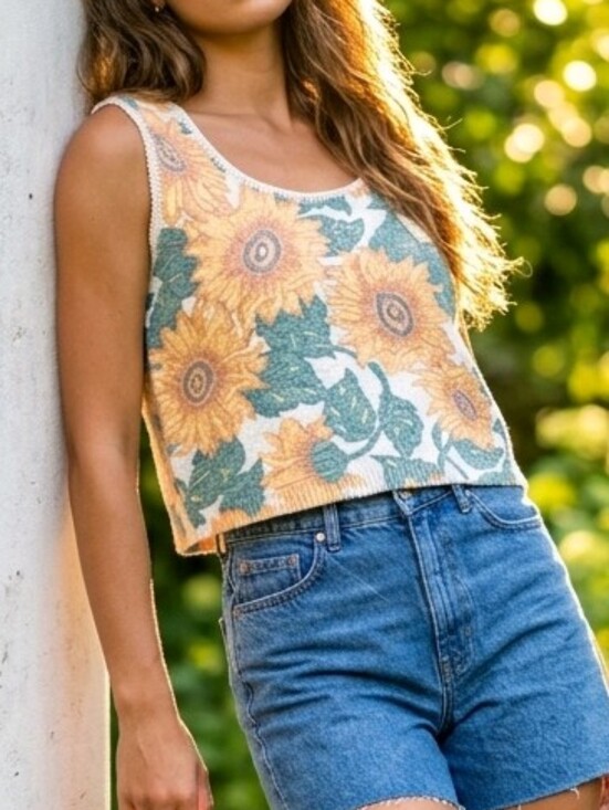big city Tops - Sunflower Knit Print Cropped Tank Top in Yellow/Green